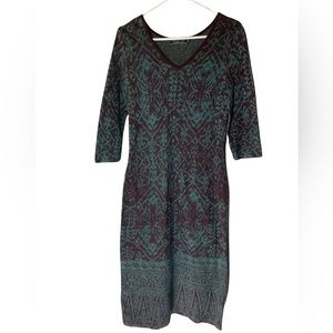 PERUVIAN CONNECTION - Burgundy/Teal Abstract Cotton Knit Sweater Dress, M